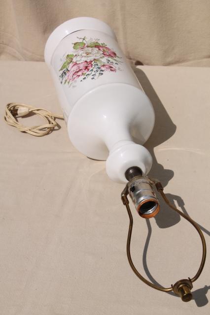 shabby chic cottage roses floral white china table lamp, vintage boudoir lamp