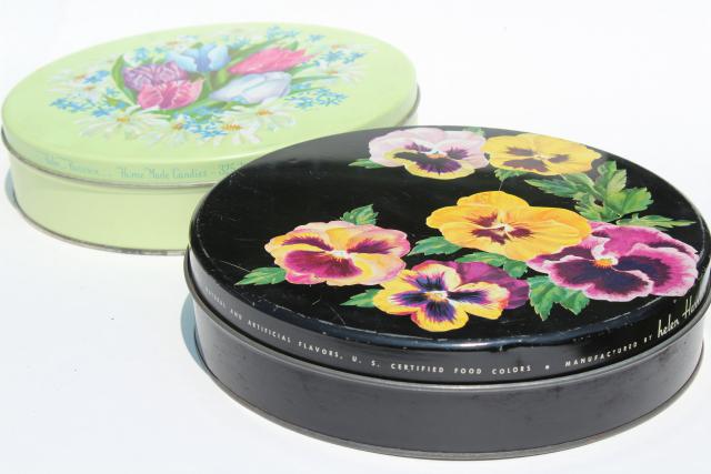 shabby chic vintage flowered metal tins, 1940s 50s vintage candy or cookie tins
