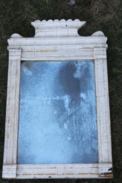 shabby chippy white paint wood framed mirror, worn antique glass w/ dull silver, vintage cottage decor