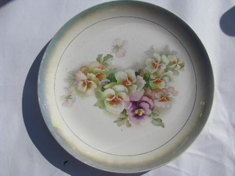 shabby cottage chic pansy & rose florals, antique china plates, early 1900s