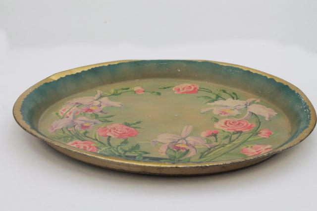 shabby cottage chic vintage floral print tin metal tray, w/ iris flowers & roses