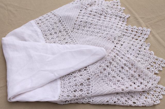 shabby cottage chic vintage white linen round tablecloth w/ wide crochet lace edging