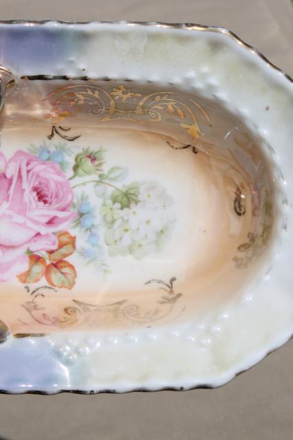 shabby cottage china flower basket dish w/ cabbage roses & hydrangeas floral