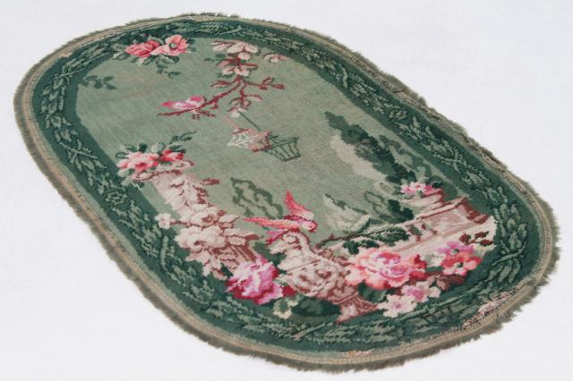 shabby french vintage fringed wool carpet scatter rug, pink & green garden flowers