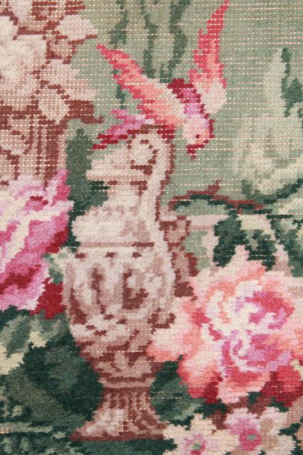 shabby french vintage fringed wool carpet scatter rug, pink & green garden flowers