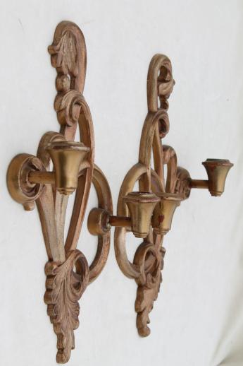 shabby gold rococo candle sconces, vintage Syroco wood wall sconce set