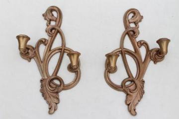 shabby gold rococo candle sconces, vintage Syroco wood wall sconce set