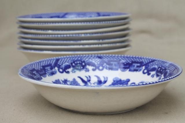 shabby old browned blue & white china bowls, vintage Japan willowware blue willow