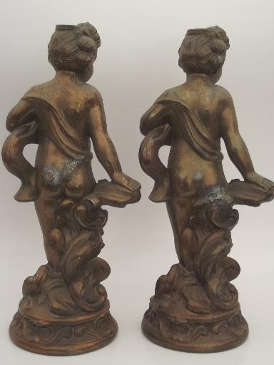 shabby old cast metal cherub angel figures, antique bronze lamp base statues 