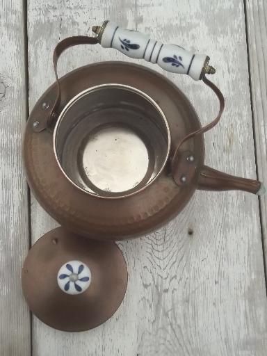 shabby old copper teakettle, tea kettle pot w/ blue & white china handle