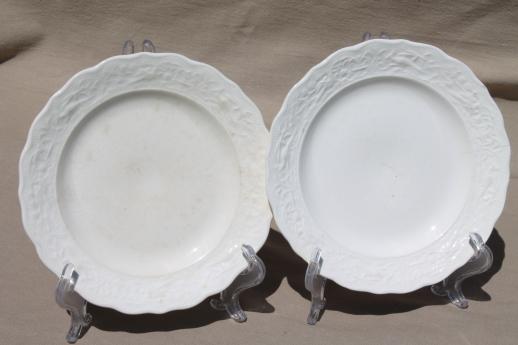 shabby old creamware china plates, vintage Crooksville pottery w/ birds & flowers embossed border