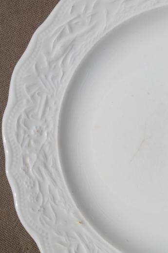 shabby old creamware china plates, vintage Crooksville pottery w/ birds & flowers embossed border