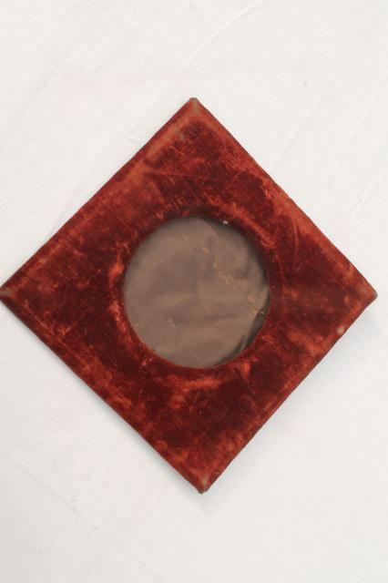 shabby old russet orange brown velvet padded picture mat or frame, square diamond w/ round opening