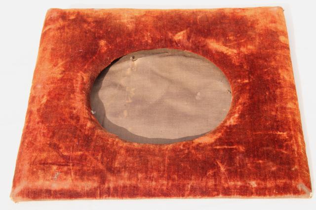 shabby old russet orange brown velvet padded picture mat or frame, square diamond w/ round opening