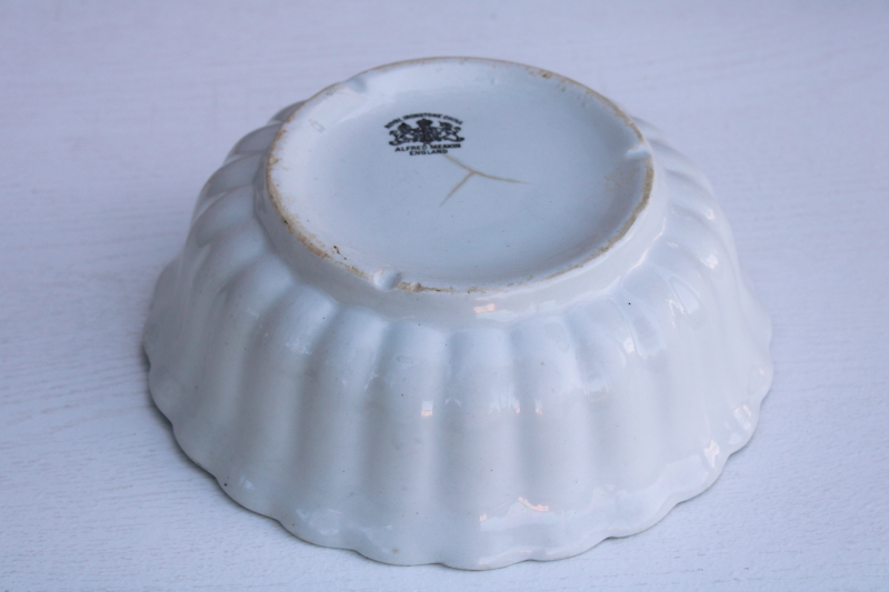 shabby old white ironstone china bowl w/ ladyfinger fluted shape, rustic vintage farmhouse decor