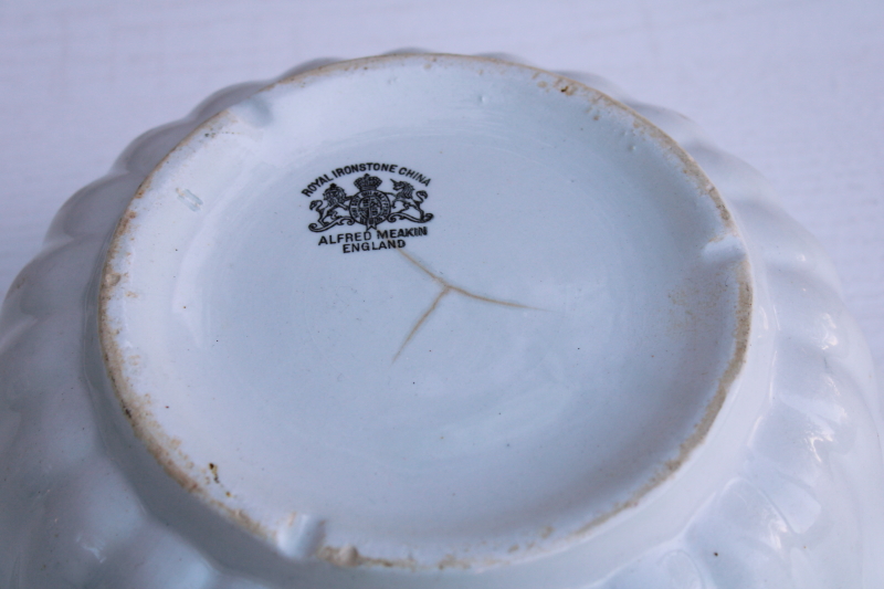 shabby old white ironstone china bowl w/ ladyfinger fluted shape, rustic vintage farmhouse decor