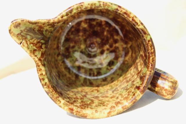 shabby primitive old spongeware pottery pitcher, vintage yellow ware stoneware
