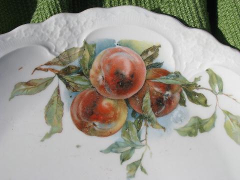 shabby vintage china fruit plate w/ handles, peaches and peach leaves