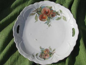 shabby vintage china fruit plate w/ handles, peaches and peach leaves