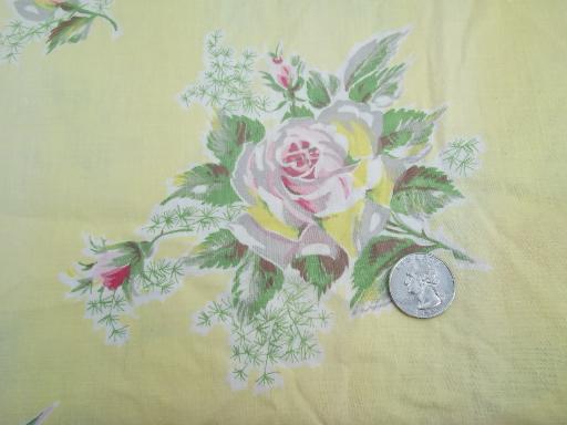 shabby vintage cotton floral print fabric, old pink roses on pale yellow