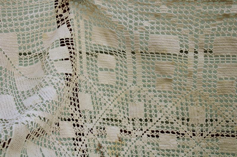 shabby vintage handmade crochet lace tablecloth w/ art deco square motifs
