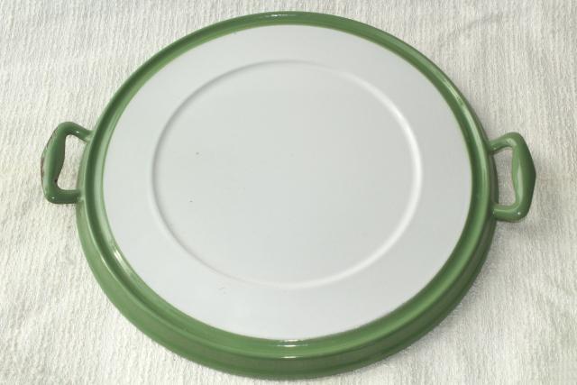 shabby vintage metal cake cover dome w/ jadite green & white enamelware tray plate, 1920s 