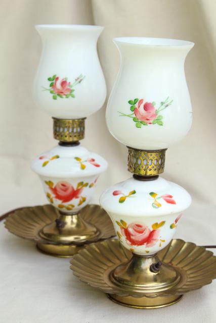 shabby vintage painted roses milk glass lamps, boudoir or parlor mantel lamp pair
