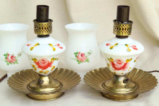 shabby vintage painted roses milk glass lamps, boudoir or parlor mantel lamp pair