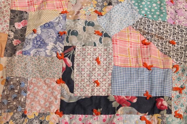 shabby vintage patchwork quilt, hand-tied comforter w/ colorful old fabric prints