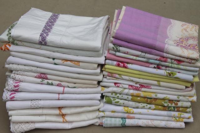 shabby vintage pillowcases lot, floral print fabric or embroidered pillowcases w/ crochet lace