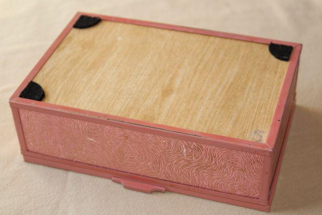 shabby vintage pink stucco memory box w/ cottage scene, dresser chest for hankies or gloves