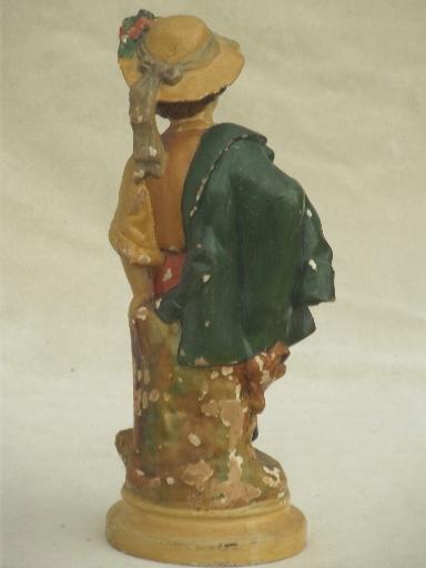 shabby vintage plaster statue, pastoral shepherd boy painted chalkware figurine