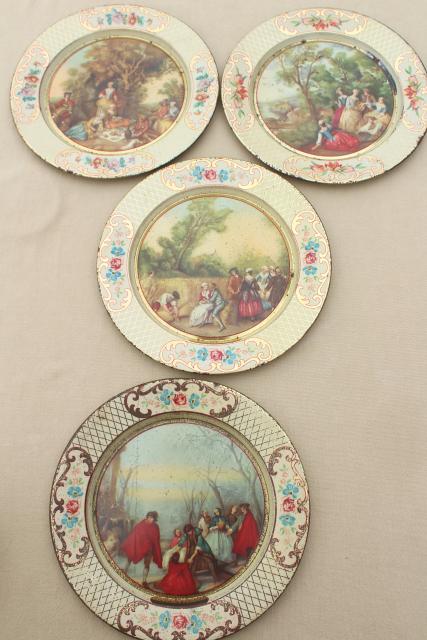 shabby vintage tin plates w/ French country prints, Daher tole ware from Belgium