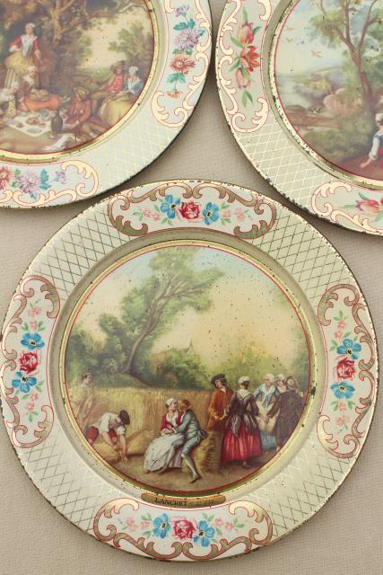 shabby vintage tin plates w/ French country prints, Daher tole ware from Belgium
