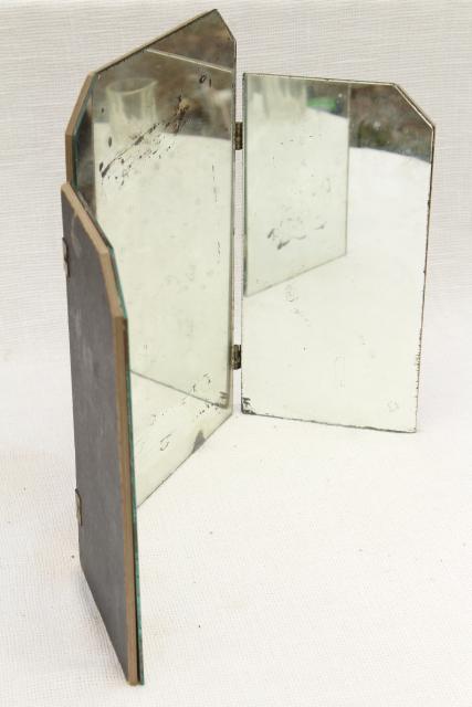 shabby vintage triptych panel folding mirror, three way vanity frameless mirror