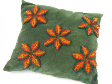 shabby vintage velvet pillow w/ loopy chenille flowers embroidery