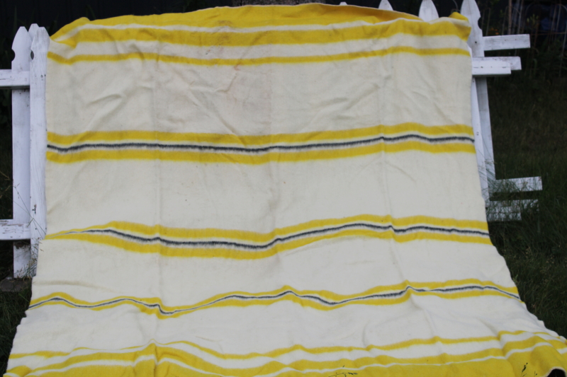 shabby vintage wool camp blanket, yellow black stripe on natural colored wool