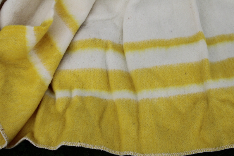 shabby vintage wool camp blanket, yellow black stripe on natural colored wool