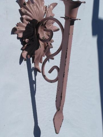 shabby vintage wrought iron candle wall sconce, chippy old pink paint