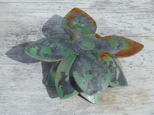 shabby vintage zinc metal flower frog,  cottage garden flower shape frog 