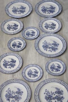 shabby worn vintage blue  white china plates, chinoiserie peonies floral Wincanton Woods England