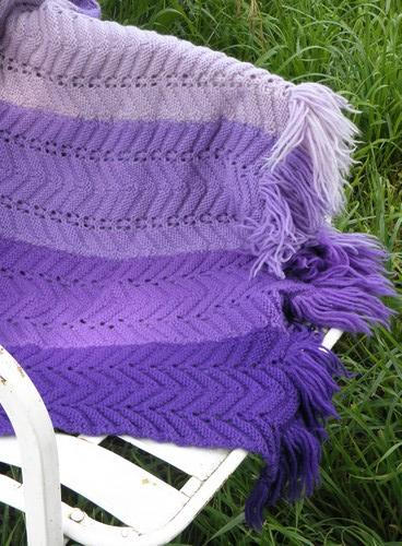 shades of lavender purple, retro vintage crocheted wool afghan throw