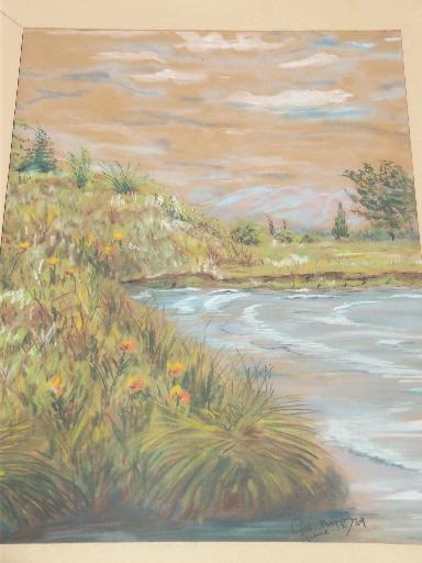 signed dated 40s vintage watercolor or chalk pastel original art, lake scene
