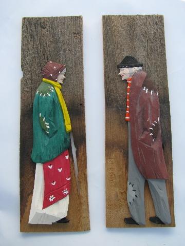 signed hand carved painted folk art couple wall plaques, Portin - Quebec
