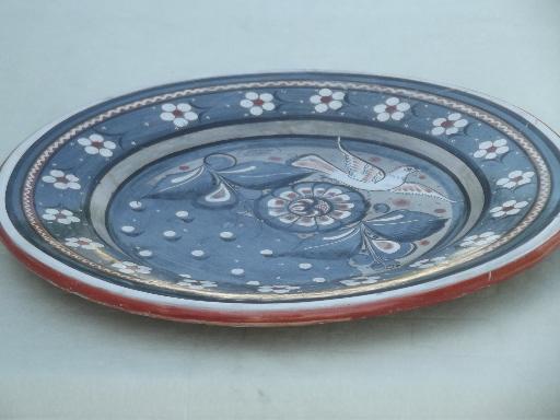 signed vintage Mexican pottery tray or charger plate, Tonala doves