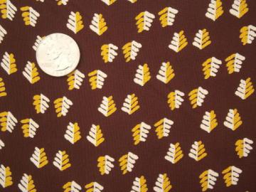 silky vintage rayon or poly fabric, yellow & cream leaf print on brown