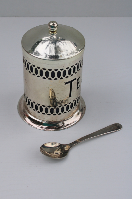 silver plated TEA canister jar w/ spoon holder, cobalt blue plastic glass inside