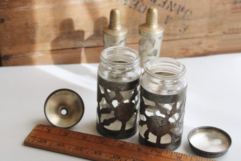 silver plated brass overlay glass table set S&P shakers, vintage Mexican handcrafted metal art