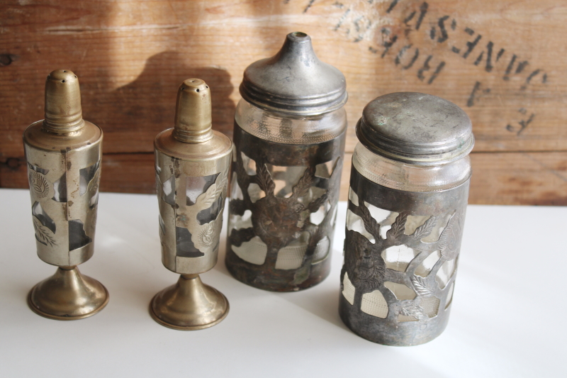 silver plated brass overlay glass table set S&P shakers, vintage Mexican handcrafted metal art