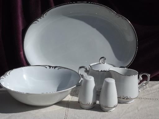 silver scrolls white porcelain dishes for 8, Style House Embassy china